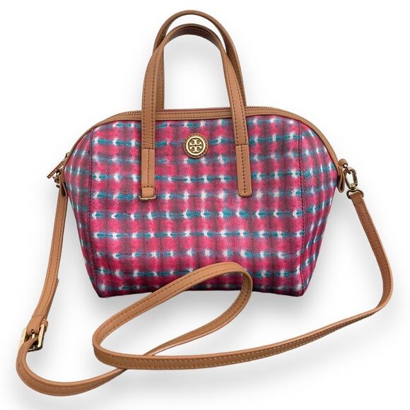 Tory Burch Handbags - Tory Burch Kerrington Satchel Sonda Pink and Blue with Brown Leather Trim Purse